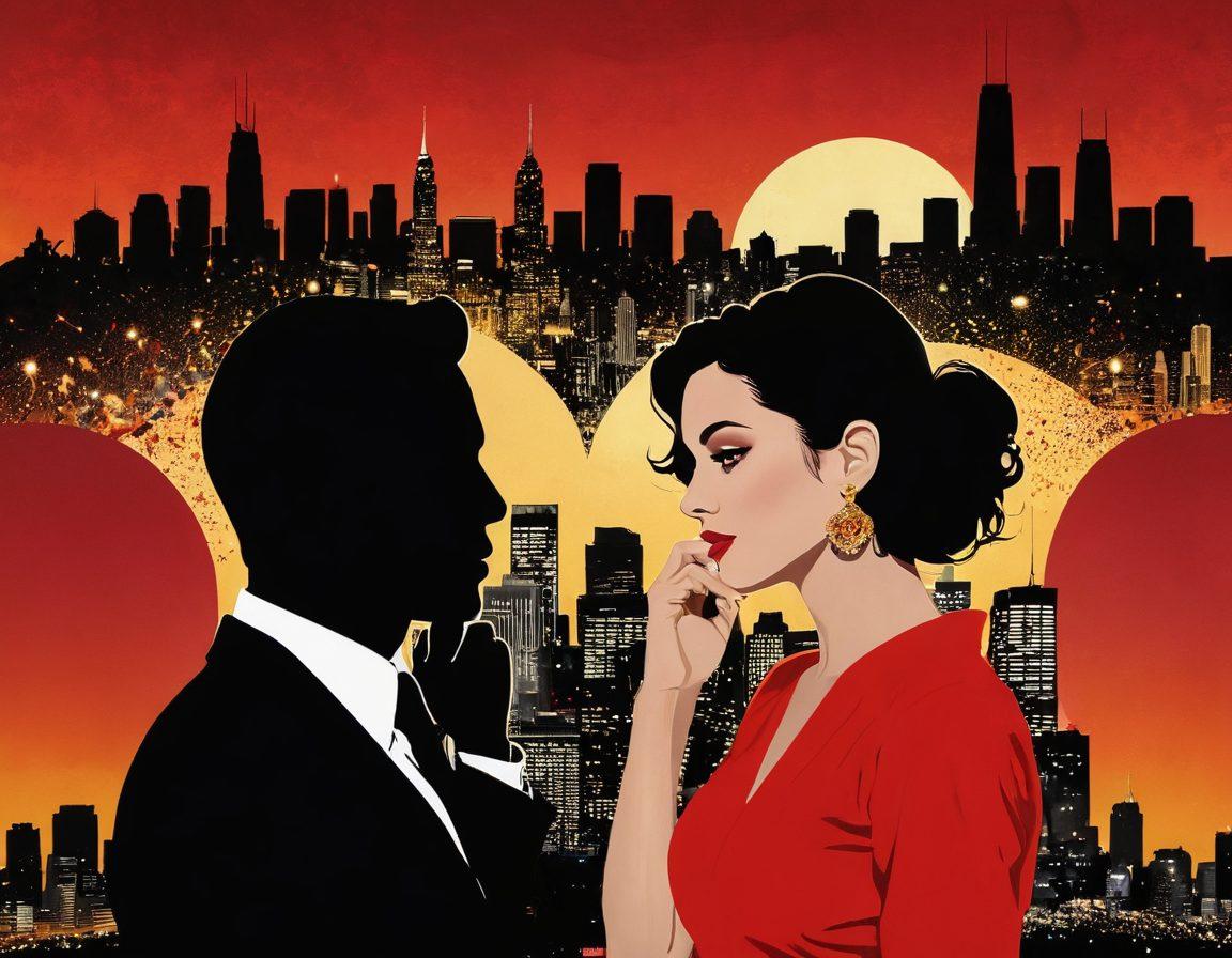 An intriguing collage depicting the glamour and drama of celebrity relationships, featuring silhouettes of iconic figures against a vibrant Hollywood skyline. Broken heart motifs and whispers of gossip swirl around the images, hinting at jealousy, passion, and love. Use a blend of gold and red hues to evoke a sense of romance and intrigue, making the viewer feel captivated by the untold stories. super-realistic. vibrant colors. cinematic style.