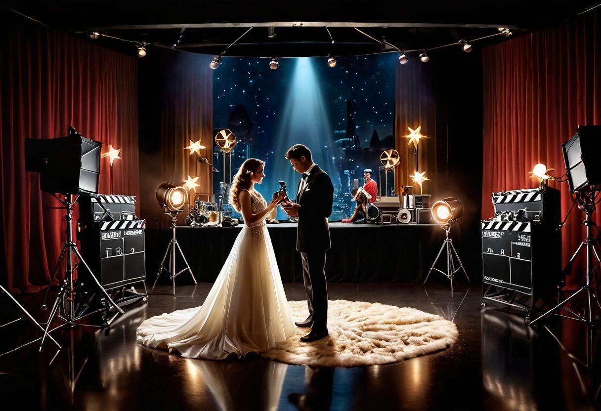 A glamorous Hollywood set with a spotlight illuminating a couple sharing a romantic moment, surrounded by cameras and crew members in the background. Incorporate symbols of fame like stars and film reels subtly in the scene. Capture the essence of love and passion intertwined with the glitz of stardom. super-realistic. vibrant colors. cinematic style.