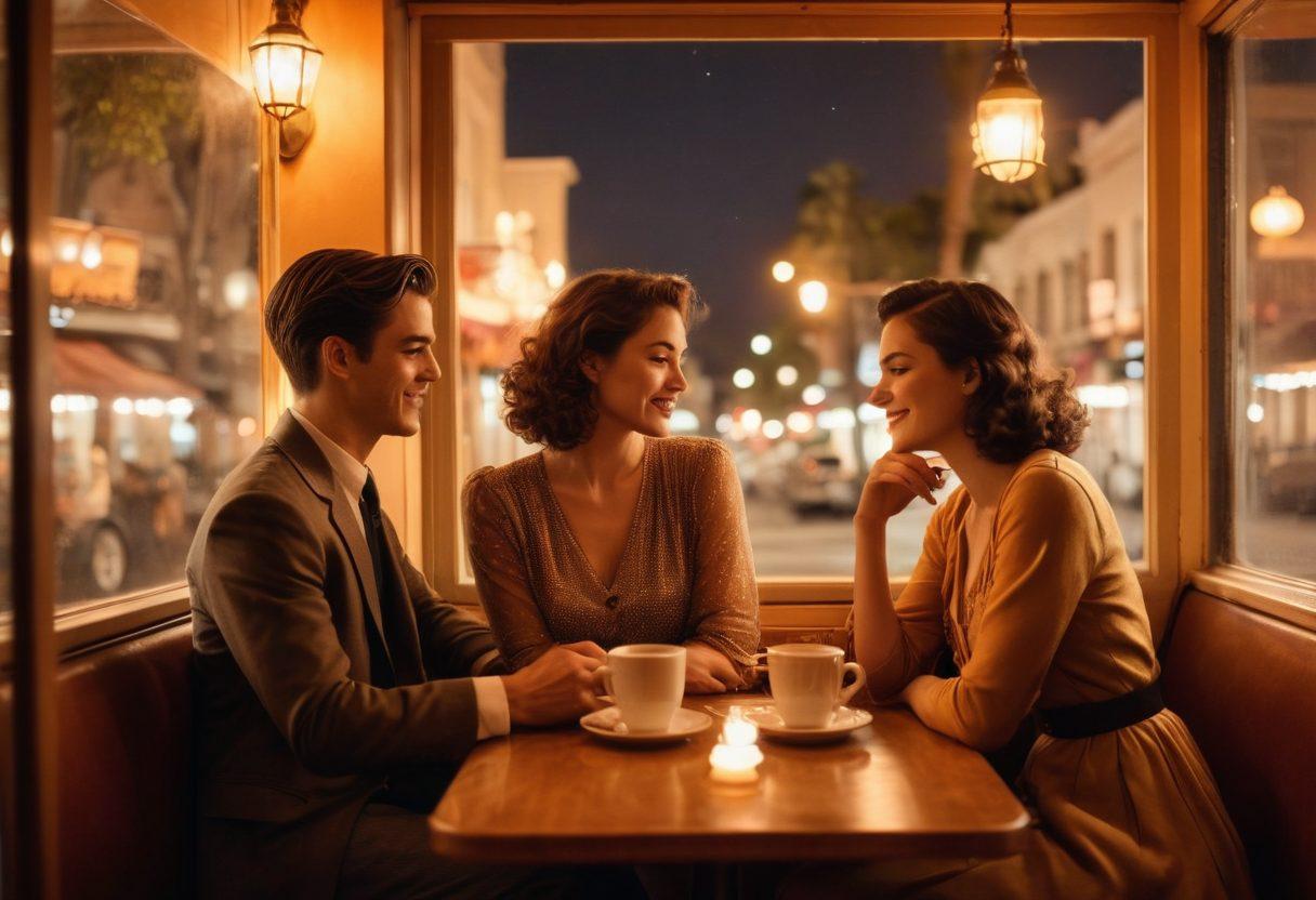 A cozy, dimly lit café booth where a charming couple shares an intimate conversation, surrounded by soft candlelight. In the background, glimpses of iconic Hollywood landmarks can be seen through a window, symbolizing fame and romance. Include subtle heart-shaped motifs in the steam from their coffee cups, capturing the essence of affection and connection. vintage aesthetic. warm tones. soft focus.